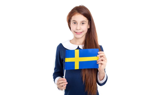 Piękna Dziewczyna Flaga Szwecji Jasnym Tle Dowiedz Się Szwedzkiego — Zdjęcie stockowe