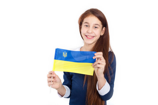 Beautiful girl with the flag of Ukraine on a white background. Learn Ukrainian language.
