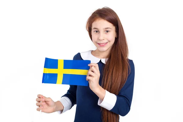 Красива Дівчина Прапор Швеції Світлому Фоні Дізнайтеся Шведська — стокове фото