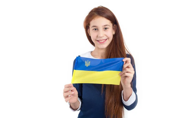 Belle Fille Avec Drapeau Ukraine Sur Fond Blanc Apprendre Ukrainien — Photo