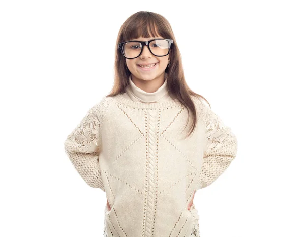 Retrato Niña Alegre Años Con Gafas Aisladas Sobre Fondo Blanco —  Fotos de Stock