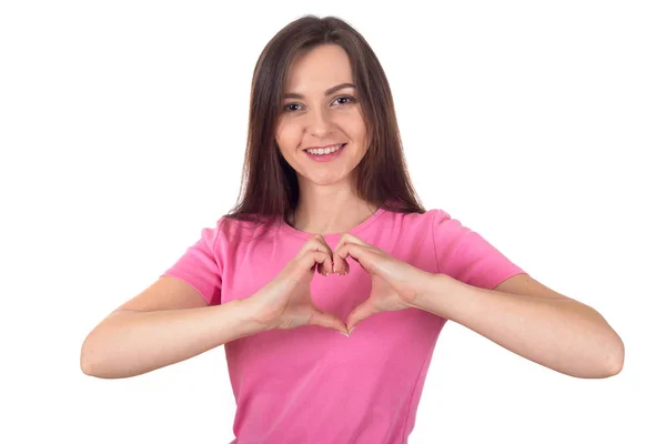 Junge Brünette Frau Rosa Shirt Zeigt Ihr Herzzeichen Mit Den — Stockfoto