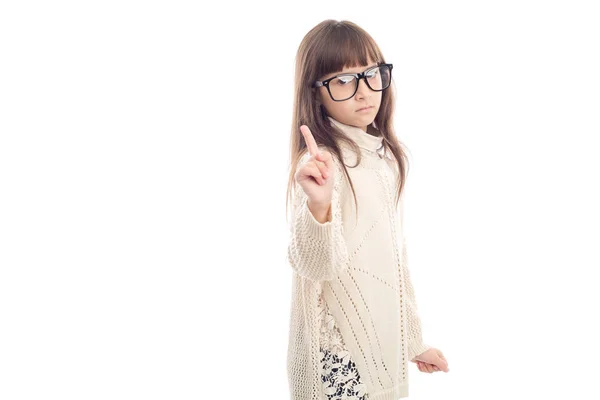 Warnung Ernstes Kleines Mädchen Mit Brille Zeigt Einen Finger Nach — Stockfoto