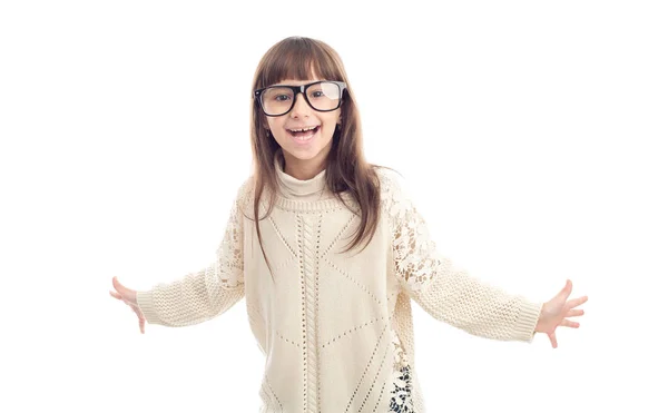 Alegre Niña Feliz Gafas Aisladas Sobre Fondo Blanco —  Fotos de Stock