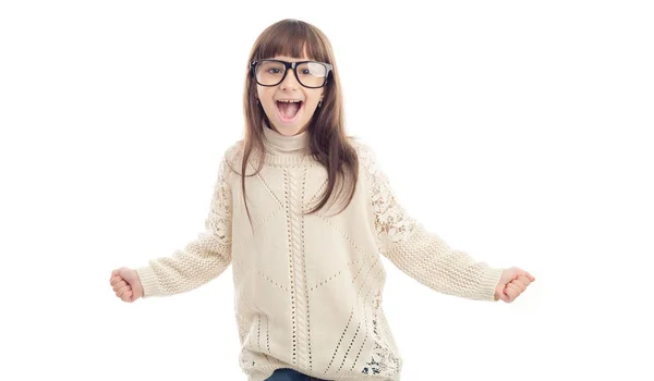 Fröhlich Glücklich Kleines Mädchen Brille Isoliert Auf Weißem Hintergrund — Stockfoto