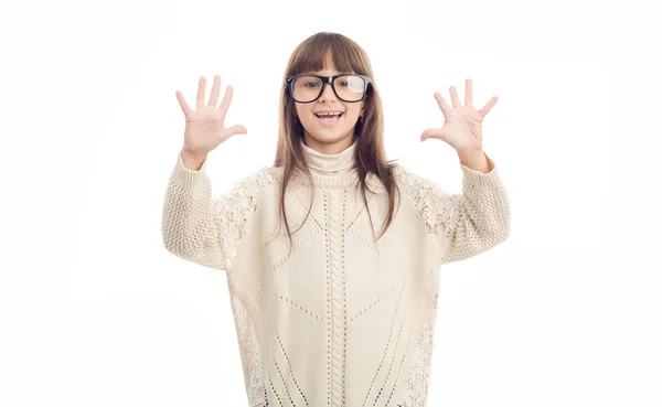 Menina Feliz Óculos Mostra Dedos Número Dez Dedos — Fotografia de Stock