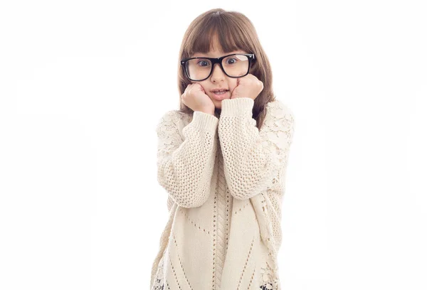 Surprised Little Girl Glasses Pressed Her Hands Her Face Royalty Free Stock Images