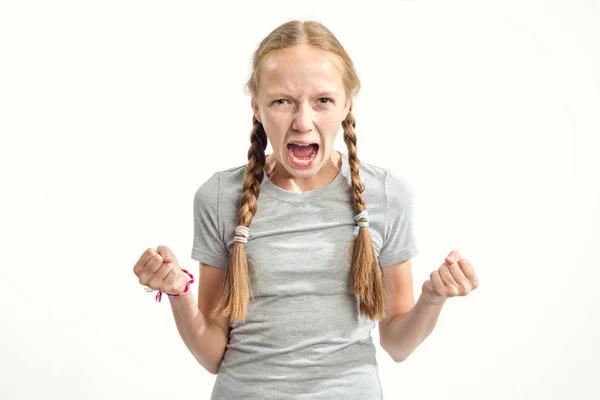 Wut Einspruch Ein Jähriges Mädchen Schreit Und Zeigt Negative Emotionen — Stockfoto
