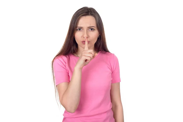 Shh Ung Flicka Håller Ett Finger Nära Läpparna Visar Ett — Stockfoto