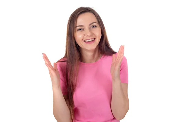 Portrait Happy Young Brunette Woman Long Hair White Background — Stock Photo, Image