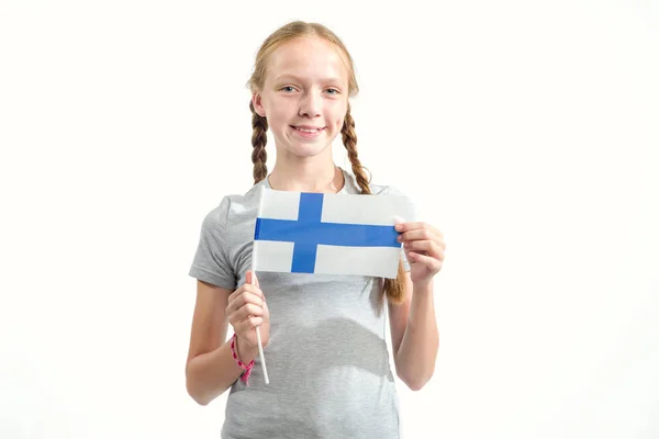 Retrato Una Adolescente Con Bandera Finlandia Sobre Fondo Claro Gente —  Fotos de Stock
