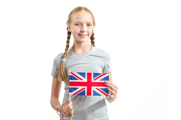Portret Dziewczyny Nastolatek Flagi Wielkiej Brytanii Białym Tle Europian Osób — Zdjęcie stockowe