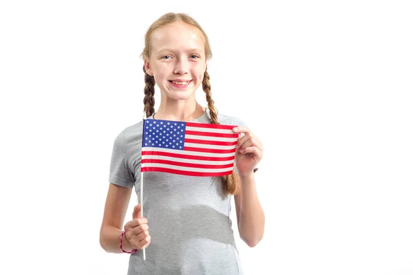 Portrait Teenager Girl Flag United States America White Background American — Stock Photo, Image