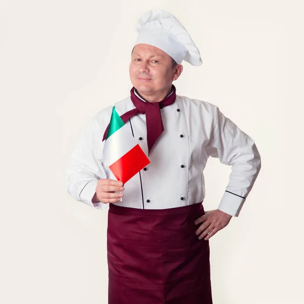 Heureux Cuisinier Mâle Mature Avec Drapeau Italie Dans Ses Mains — Photo