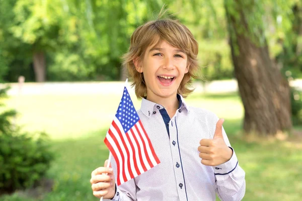 Happy Boy Schoolboy Flag Hands Show Thumbs Education America American — Stock Photo, Image