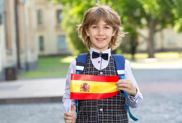 Boy Školák Vlajkou Španělska Pozadí Školy Student Vysoké Školy Učit — Stock fotografie