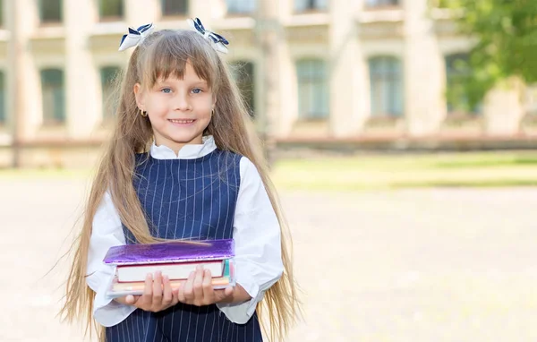 Junior School Eerste Klas Meisje Schoolmeisje Met Boeken Notebooks — Stockfoto