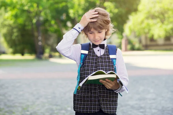 Αγόρι Κρατήστε Κεφάλι Του Από Σχολικές Εργασίες Παιδί Έχει Πονοκέφαλο — Φωτογραφία Αρχείου