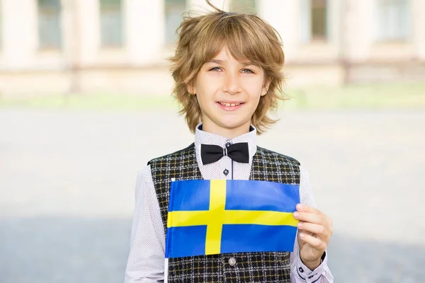 Schoolboy with a flag of Sweden against the background of the college. Scandinavian education.