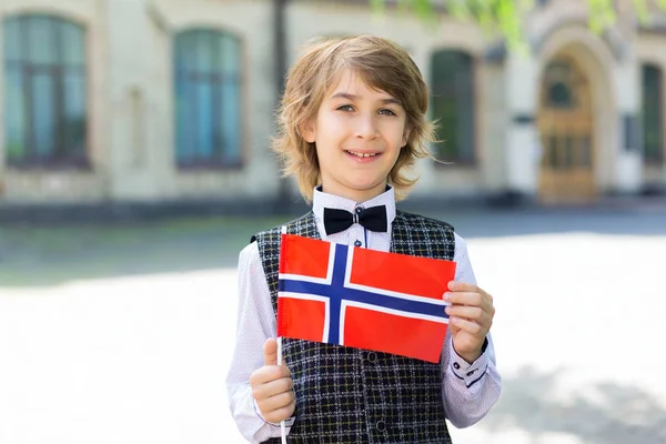 Портрет Щасливі Школяр Прапором Норвегії Тлі Школи Скандинавські Освіти Навчання — стокове фото