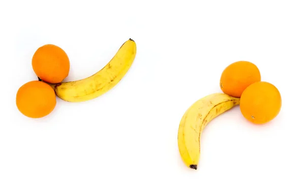 Banana Due Arance Isolate Fondo Bianco Concetto Potenza Maschile — Foto Stock