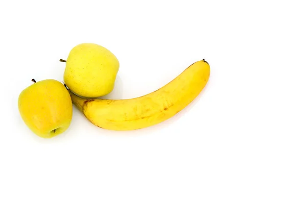 Banana Duas Maçãs Amarelas Isoladas Sobre Fundo Branco Conceito Potência — Fotografia de Stock