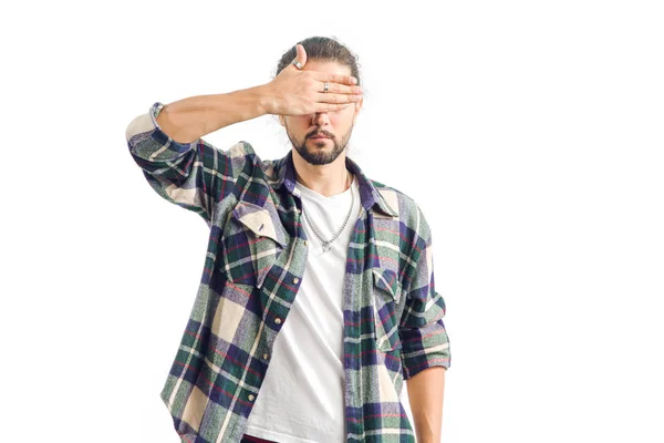 See Anything Young Man Covered His Eyes His Hand Isolated — Stock Photo, Image