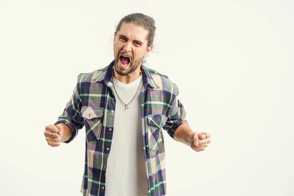 Portrait Young Man Screaming Gesturing Showing Negative Emotions While Standing — Stock Photo, Image