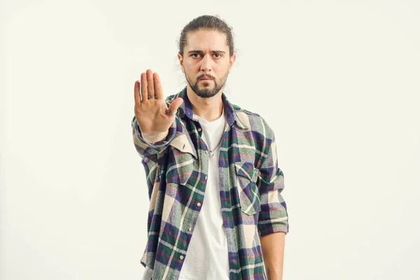 Stop Portrait Young Man Shows Hands Gesture Denial Refusal Ban — Stock Photo, Image