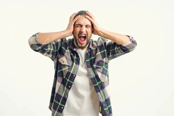 Stress Young Man Screaming Holding His Head Headache — Stock Photo, Image