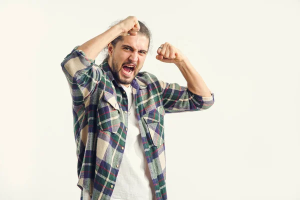 Portrait Young Man Screaming Gesturing Showing Negative Emotions While Standing — Stock Photo, Image