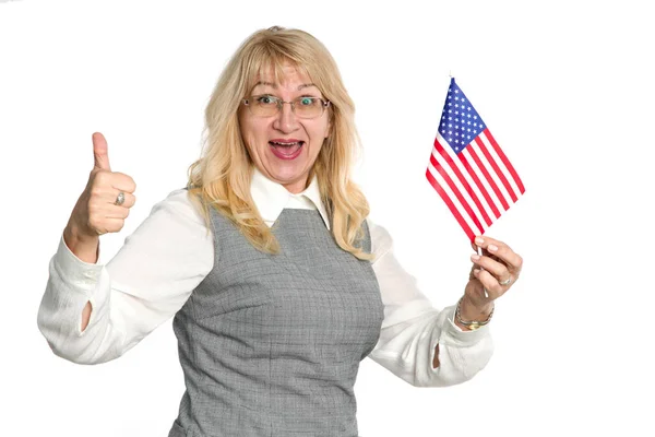 Happy Mature Woman Flag United States America Shows Thumb Isolated — Stock Photo, Image