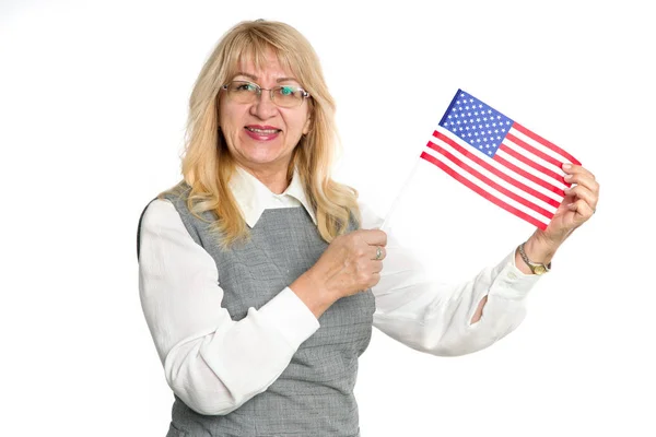 Happy Mature Woman Flag United States America Isolated White Background — Stock Photo, Image
