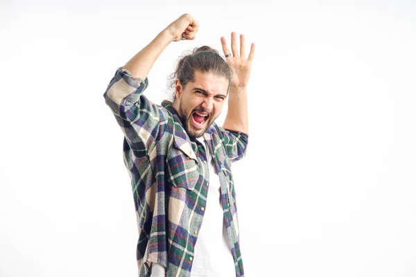 Bearded Emotions Man Raised His Arms His Head While Standing — Stock Photo, Image