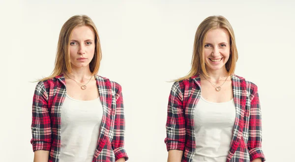 Dois Retratos Femininos Emocionalmente Opostos Primeira Cara Triste Séria Segundo — Fotografia de Stock