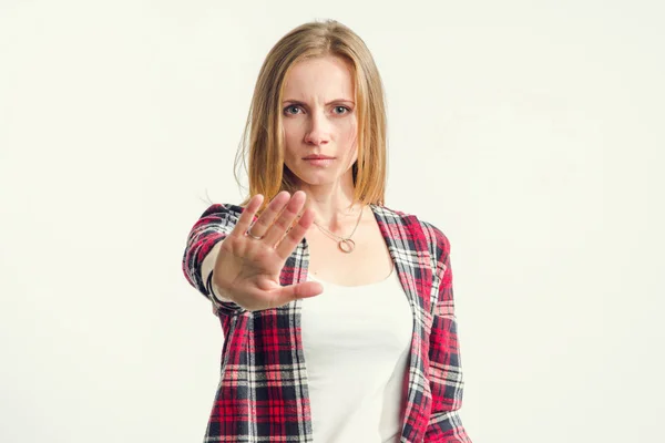 Young Woman Shows Hand Gesture Stop Sign Attention — ストック写真