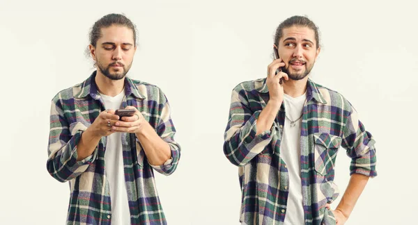 Duas Maneiras Comunicar Primeira Conversa Telefone Segunda Uma Mensagem Através — Fotografia de Stock