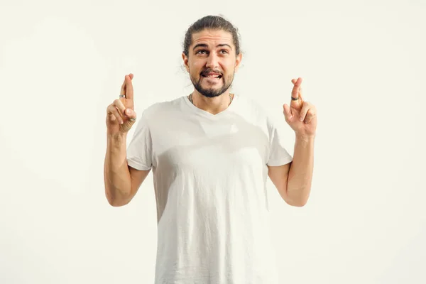 Young Man Crossed His Fingers Good Luck — Stock Photo, Image