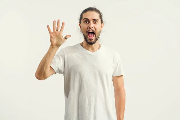 Young Man Beard Shows Five Fingers One Hand Number — Stock Photo, Image
