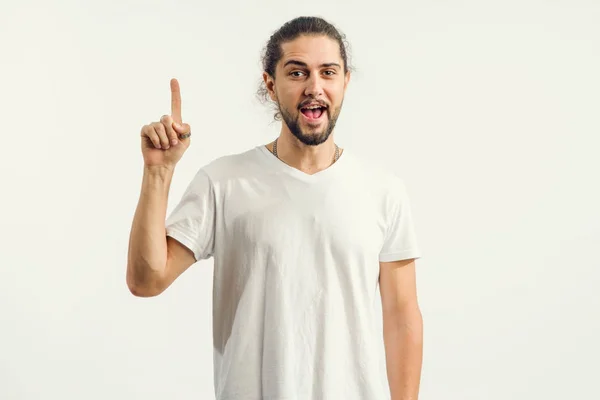 Good Idea Young Bearded Man Shows One Finger — Stock Photo, Image
