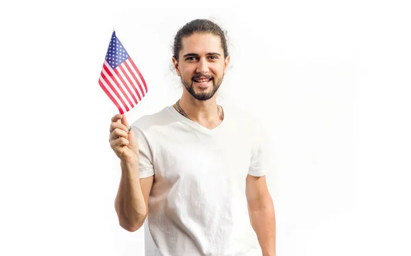 Young Man Flag United States America Standing Light Background American — Stock Photo, Image