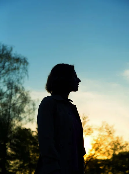 Silhouette Une Femme Sur Fond Coucher Soleil Forêt Ciel Bleu — Photo