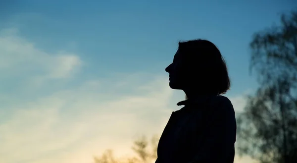 在夕阳 森林和蓝天的映衬下 一个女人的剪影 — 图库照片