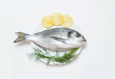 Önce dereotu ve limon ile bir tabakta bir çiğ taze dorado balık 