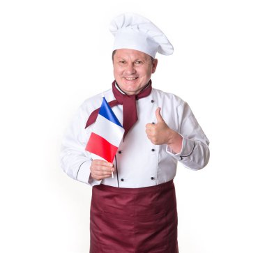 Chef with a flag of France on a light background. Portrait happy middle aged cook man thumbs up. clipart