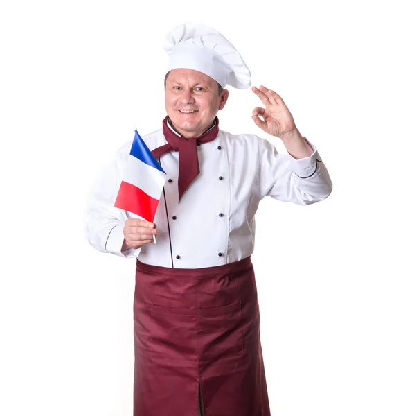 Cozinhe Com Bandeira França Fundo Claro Mostra Gesto Retrato Feliz — Fotografia de Stock