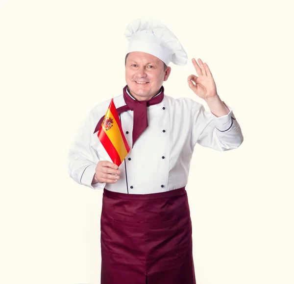 Chef Cuisinier Avec Drapeau Espagne Sur Fond Clair Homme Âge — Photo