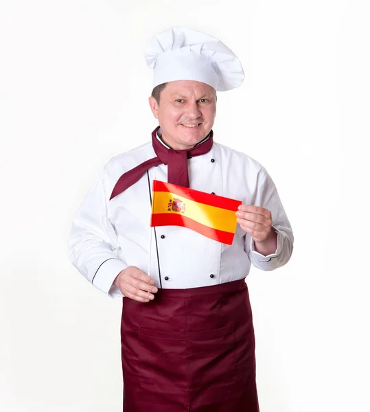 Cozinheiro Chef Com Bandeira Espanha Fundo Claro Homem Meia Idade — Fotografia de Stock