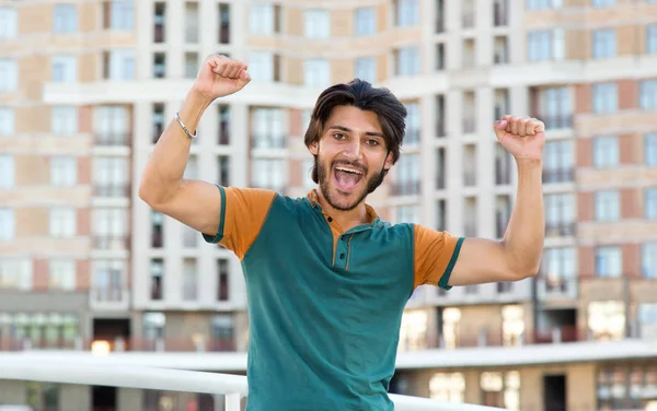 Successful Man Young Brunette Male Raised His Hands Good Luck — Stock Photo, Image