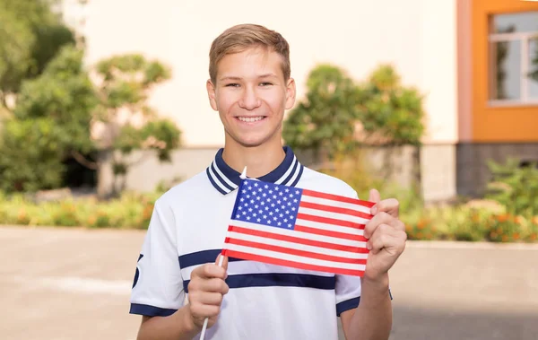Teenager Schoolboy Flag United States America Study Abroad — Stock Photo, Image
